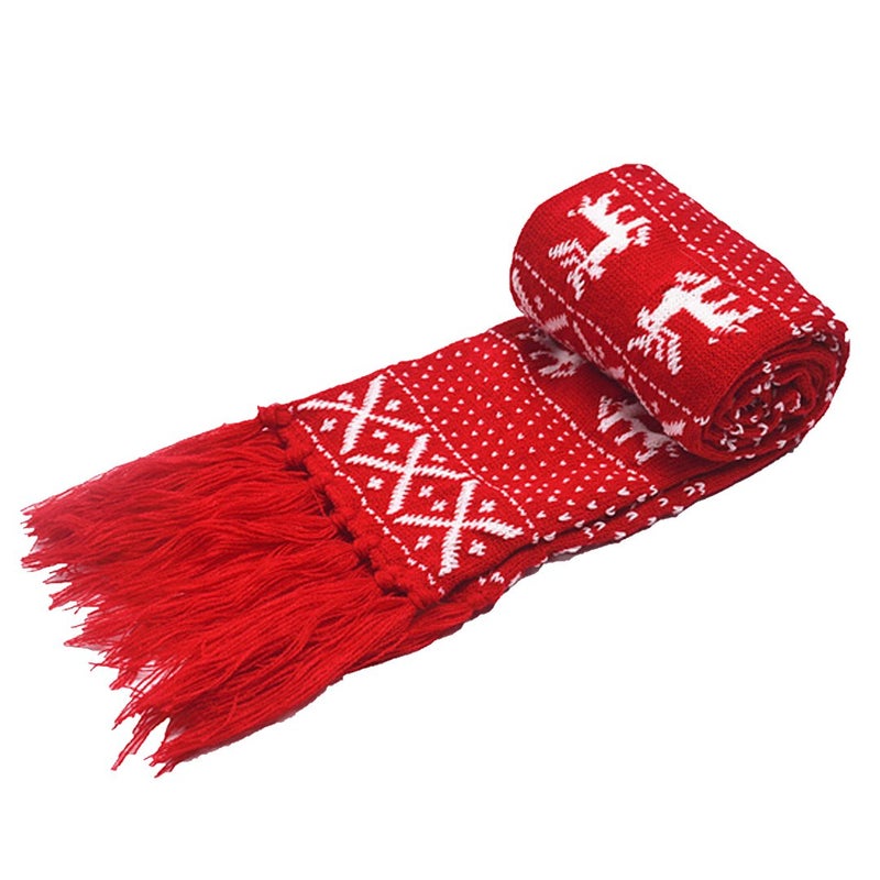 Felice Ann womens Christmas Reindeer Snowflake Fall Winter Warm Knit Long Scarf, Tassels Red, One Size - Image 1